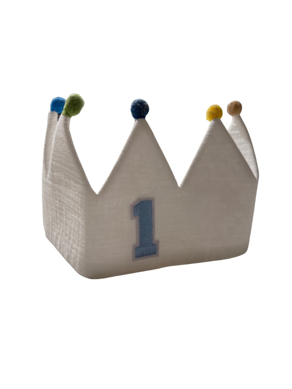 Plush First Birthday Crown Hat in White with Multicolor Pom-Poms